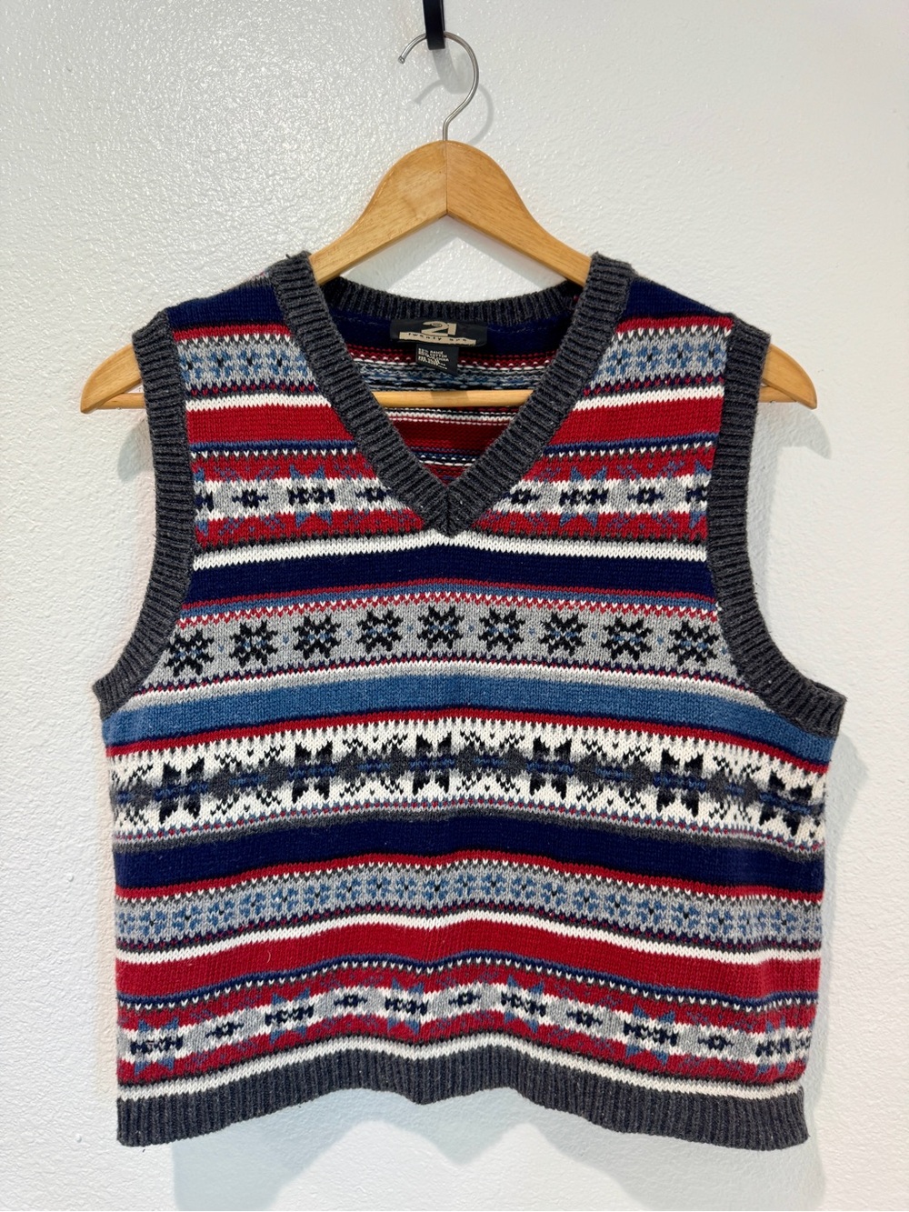 Vintage 90s Grandpacore Fair Isle Ramie Cotton V Neck Knit Sweater Vest Blue M